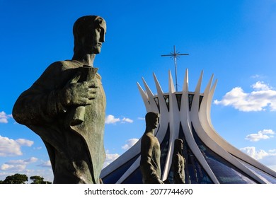 Brasília, Federal District, Brazil - October 28, 2021: The Cathedral Of Brasilia, Capital Of Brazil, And Bronze Statues Of The Evangelists (Catedral De Brasília)