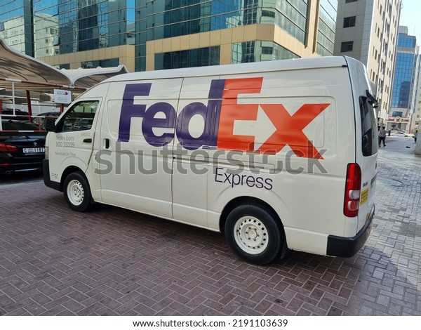 FedEx\
express Toyota hiace van delivering in streets of Dubai, FedEx is\
famous leading American multinational courier delivery services\
company. United Arab Emirates - November 23,\
2021