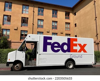 FedEx Ground Delivery Truck At Residential Building. Side View - San Jose, California, USA - September, 2022