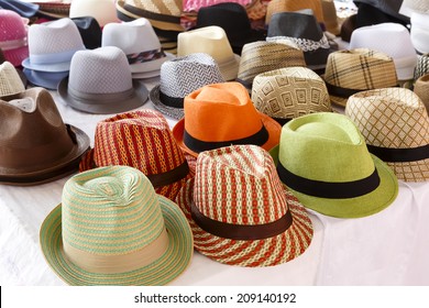 Fedora hat display at an outdoor market
