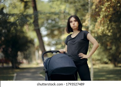 Fed-up Mom With Baby Stroller Feeling Stressed Out. Unhappy Tired Busy Mother Pushing Stroller In The Park
