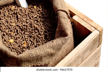 Feed Pellets For Farm Animal In Yarn Sack And Wooden Box