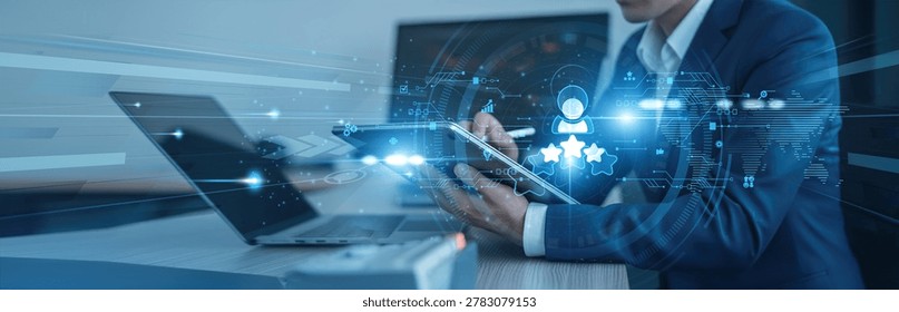 feedback analysis. Businessman using tab with analysis data of growth to customer satisfaction global connection, experience improvement, quality assurance, loyalty programs