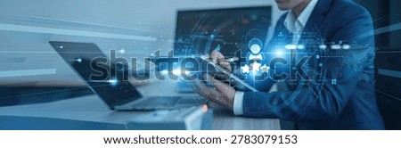 feedback analysis. Businessman using tab with analysis data of growth to customer satisfaction global connection, experience improvement, quality assurance, loyalty programs
