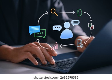 Feedback loop for continuous improvement, business professional using laptop, visualizing data driven communication, process analysis, and digital strategy for enhanced performance and planning