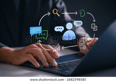 Feedback loop for continuous improvement, business professional using laptop, visualizing data driven communication, process analysis, and digital strategy for enhanced performance and planning