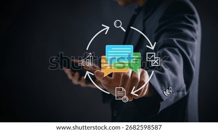 Feedback loop strategy for business process improvement showing a man using digital communication to optimize workflow and decision making with PDCA and OODA cycles for continuous growth