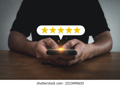 Feedback. People Hand Using Mobile Smart Phone With Five Star Button To Review Good Rating, Satisfaction, Digital Marketing, Good Experience, Customer Product Rating Review, Customer Feedback Concept