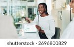 Feedback, presentation or tablet screen with business woman in boardroom for sales revenue. App, chart or graphs with happy employee person in office for review of data or market research information