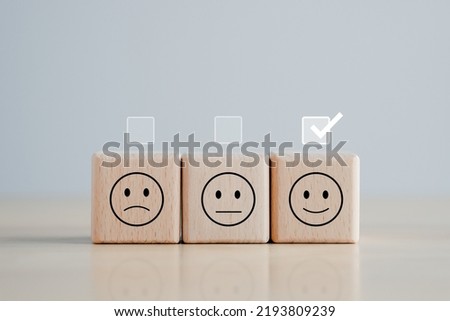 Feedback rating and positive customer service review. Mental health assessment, World mental health day, think positive and satisfaction survey concept. Select happy from normal and Sad emotion.