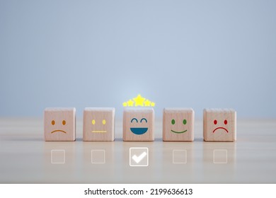 Feedback Rating And Positive Service Review. Customer Experience, Mental Health Assessment, World Mental Health Day, Think Positive, Emotion, Satisfaction Survey. Select Happy Face With 5 Star.