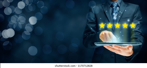 Feedback, review and increase rating concepts. Digital tablet user give five stars in his review and feedback.