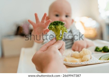 Feeding. Baby's first solid food. Baby boy eating vegetables. Child eating broccoli at home. Smiling beautiful baby curiously trying different vegetables.