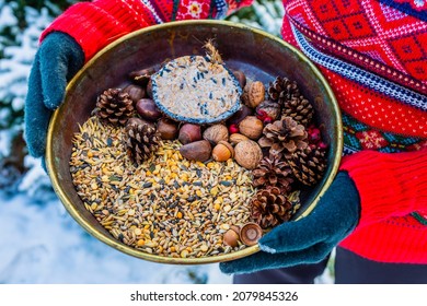 Feeding Birds In Winter. Woman With Bird Food.