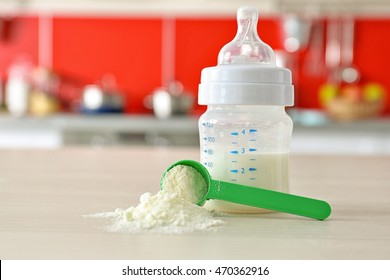 Feeding Bottle And Baby Milk Formula On Kitchen Background