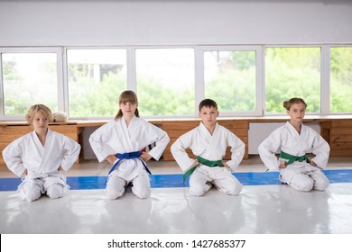 Feel ready. Excited serious children wearing white aikido feeling ready for training martial arts