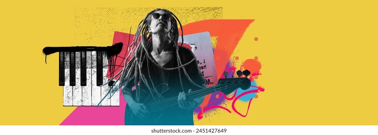 Feel the rhythm and soul of the music come alive Young man with dreadlocks playing guitar. Contemporary art collage. Concept of music, festival, performance, creativity. Colorful design. Banner - Powered by Shutterstock