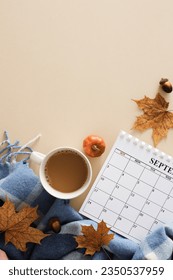 Feel the soothing embrace of fall's warming aura. Top view vertical shot of calendar, warm plaid, hot cocoa, pumpkins, acorns, dry leaves on pastel beige background with blank space for promo or text - Shutterstock ID 2350537959