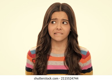 Feeling Anxious. Nervous Girl Portrait Isolated On White. Child Face Portrait