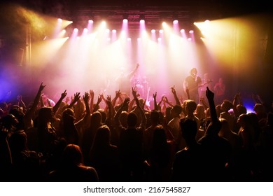 Feeling the concert vibe. Rear-view of a cheering crowd at a music concert- This concert was created for the sole purpose of this photo shoot, featuring 300 models and 3 live bands. All people in this