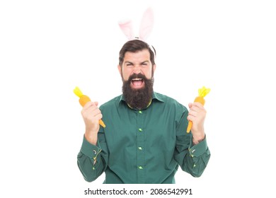 Feeling Joy About Holiday. Eastertide. Happy Bearded Man Wear Bunny Ears. Finally Happy Easter.