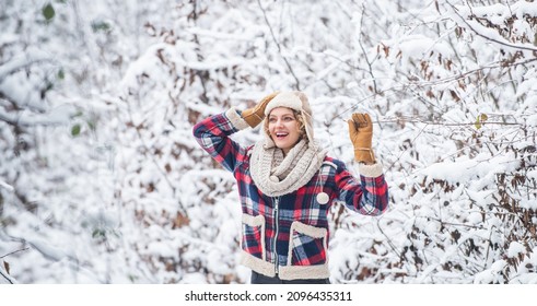 Feeling Playful. Enjoying Nature Wintertime. Portrait Of Excited Woman In Winter. Cheerful Girl Outdoors. Joyful And Energetic Woman. Skiing Holiday On Winter Day. Beautiful Woman In Warm Clothing