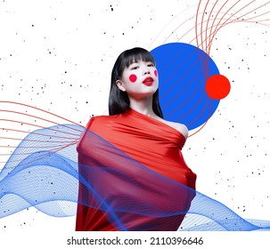 Feelings. Art collage with tender, sad young japanese girl isolated on absract colorful background. Concept of beauty, emotions, facial expression, art. Japanese style, contemporary artwork,