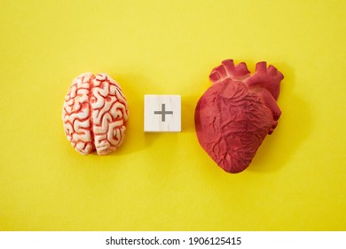 Feelings and mind concept. Brain plus heart on yellow background. Top view.