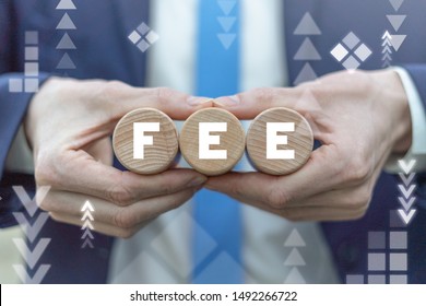 Fees and tax reduce business finance banking concept. Man hold wood kegs with text: fee.