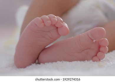 Feet Of Baby Newborn Is Sleeping. Close Up