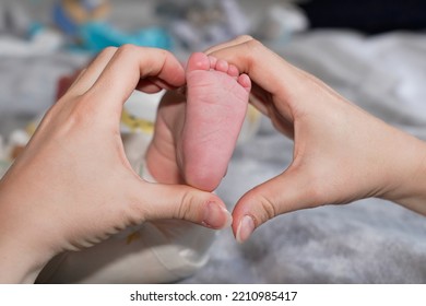 Feet Infant Child Of Newborn Baby In Mother Hands In Family Concept Hug Baby Legs Body In Bed