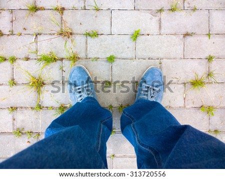 Similar – Person standing on a path with a green leaf nearby