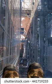 Feet On The Glass Balcony At The Skydeck Of The Willis Tower Chicago,Illinois,USA-4/02/12 : View From The Glass Balcony At The Skydeck Of The Willis Tower