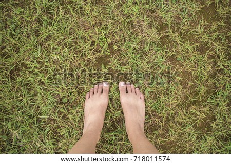 feet on green grass , background