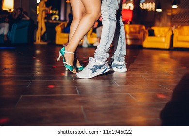 Feet Of People Dancing In The Club, A Big Party With Incendiary Music, Gay Dances, Rehearsal Of Professional Dance In Courses For Teaching Rumba, Ballroom Dances Or Sports Disciplines
