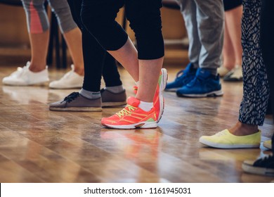 Feet Of People Dancing In The Club, A Big Party With Incendiary Music, Gay Dances, Rehearsal Of Professional Dance In Courses For Teaching Rumba, Ballroom Dances Or Sports Disciplines
