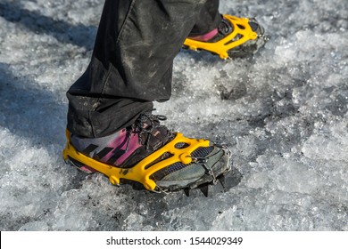 Feet In Pink And Gray Running Shoes With Traction Spikes Strapped On To Walk On Slippery Ice On A Glacier. Gain Traction On Frozen Ground.