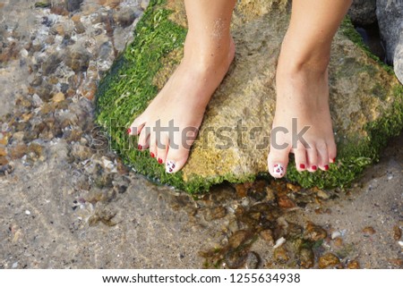 Feet stand on a pebble after swimming . Seaweed on the stone .