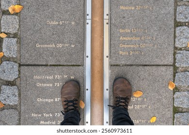 Feet straddling the Prime Meridian at Greenwich, London, with longitude markers engraved on the ground, representing global time zones. - Powered by Shutterstock - Get 15% off with code: PIKWIZARD15