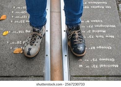 Feet straddling the Prime Meridian at Greenwich, London, with longitude markers engraved on the ground, representing global time zones.