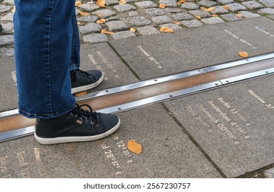 Feet straddling the Prime Meridian at Greenwich, London, with longitude markers engraved on the ground, representing global time zones. - Powered by Shutterstock - Get 15% off with code: PIKWIZARD15