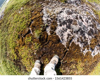 Feet Of Tourist In Sport Hiking Shoes Walking On The Tundra. Concept For Travelling And Adventure. Fish Eye Lens Image