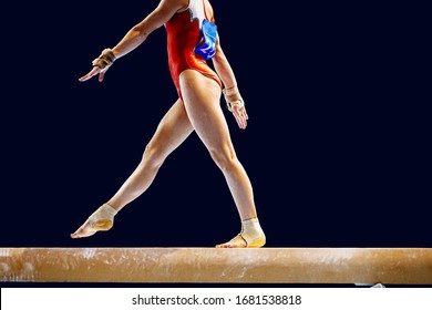 Feet Woman Gymnast Athlete In Balance Beam Exercise