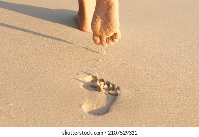 The feet of a woman walk on the beach, there are footprints that she walks during her leisure time in the early morning sunshine.soft focus - Powered by Shutterstock