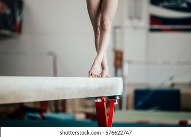 Feet Young Girl Athlete Gymnast On Balance Beam