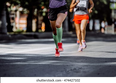 Feet Young Woman Athletes Compression Socks Running Marathon