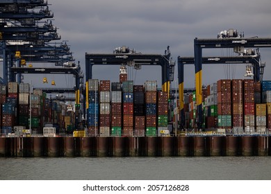 Felixstowe Suffolk UK - 10 13 2021: Containers Overflowing At Felixstowe Port