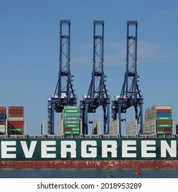 Felixstowe, Suffolk, U`K - 3 August 2021: The Evergreen Ever Given Docked At The Port. This Ship Is Notorious For Blocking The Suez Canal In March 2021.