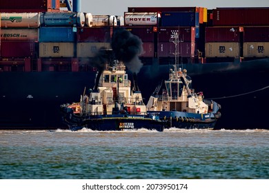 Felixstowe Suffolk UK - 7 15 2018: Two Large Tugs Working At Felixstowe Container Port