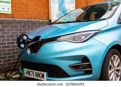 Felixstowe Suffolk UK November 13 2021: A 2021 Model Electric Renault Zoe Charging At Plug In Charge Station In A Public Car Park In Suffolk, UK